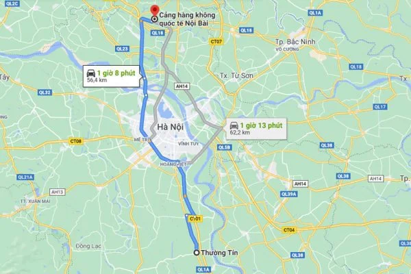 Qu&atilde;ng đường đi từ s&acirc;n bay Nội B&agrave;i về Thường T&iacute;n l&agrave; 63km, thời gian 1 giờ 10 ph&uacute;t